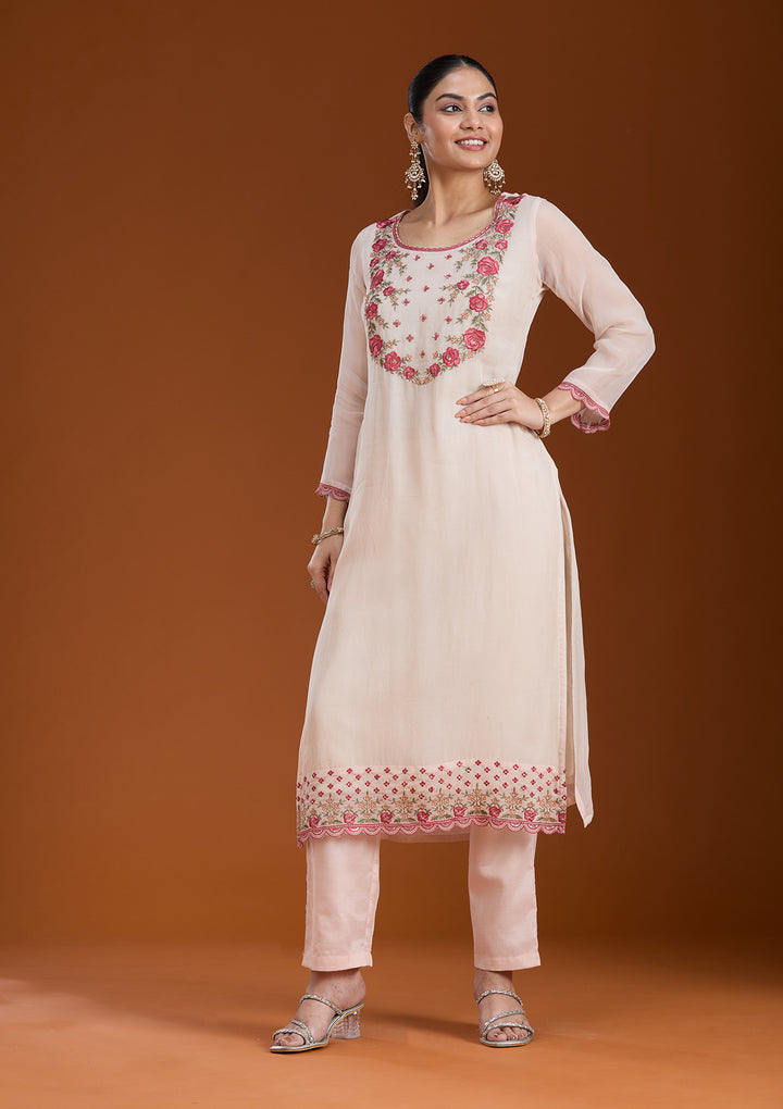 Beige Threadwork Organza Readymade Salwar Suit