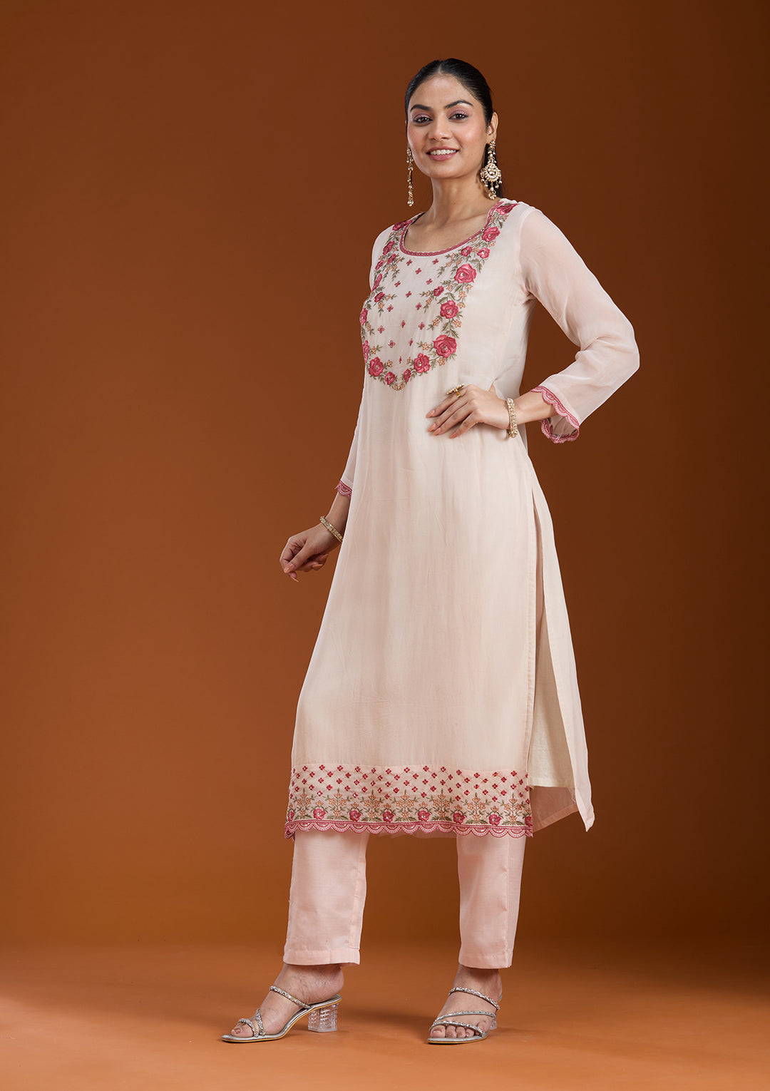 Beige Threadwork Organza Readymade Salwar Suit