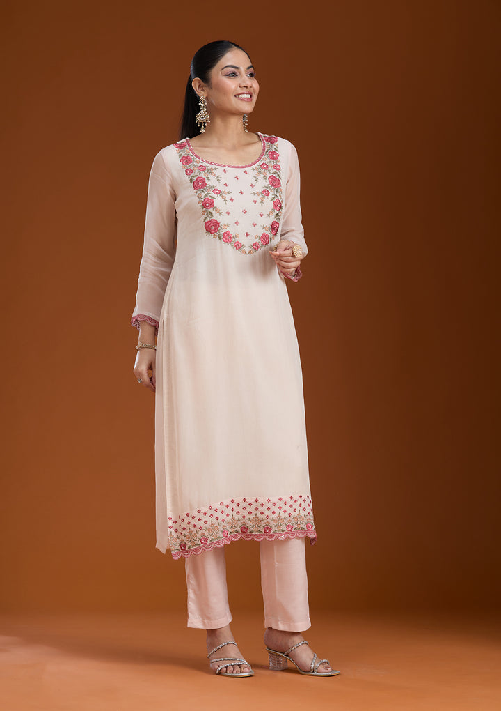 Beige Threadwork Organza Readymade Salwar Suit