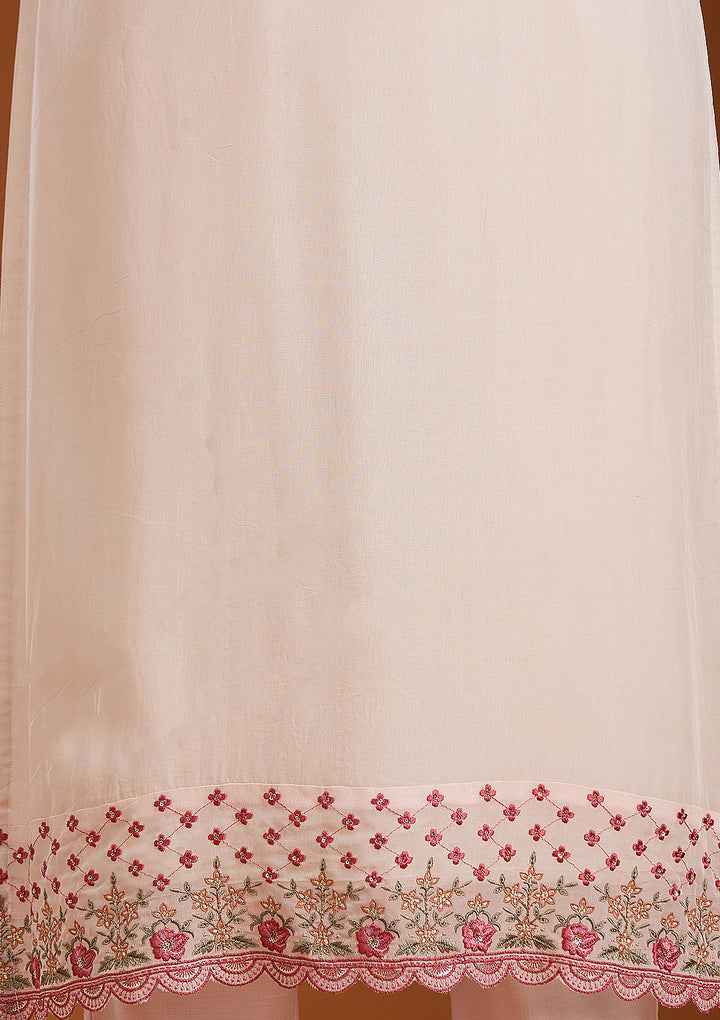 Beige Threadwork Organza Readymade Salwar Suit