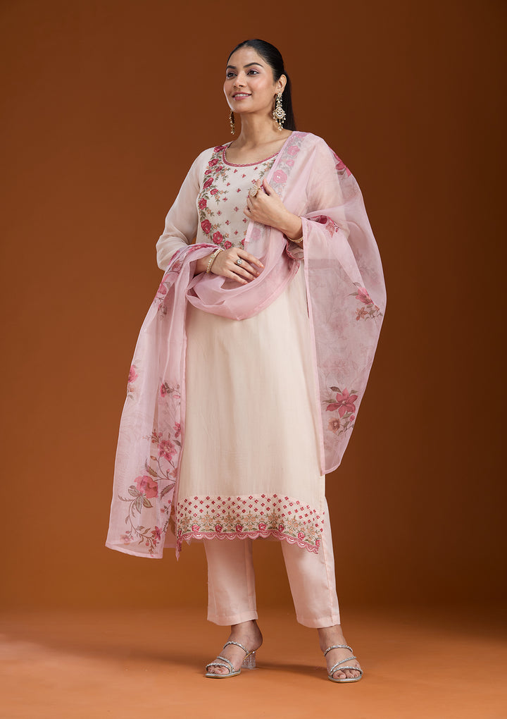 Beige Threadwork Organza Readymade Salwar Suit