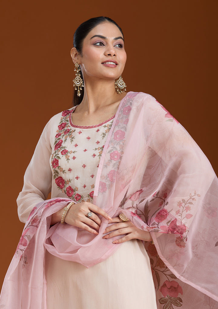 Beige Threadwork Organza Readymade Salwar Suit