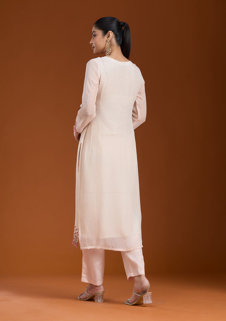 Beige Threadwork Organza Readymade Salwar Suit