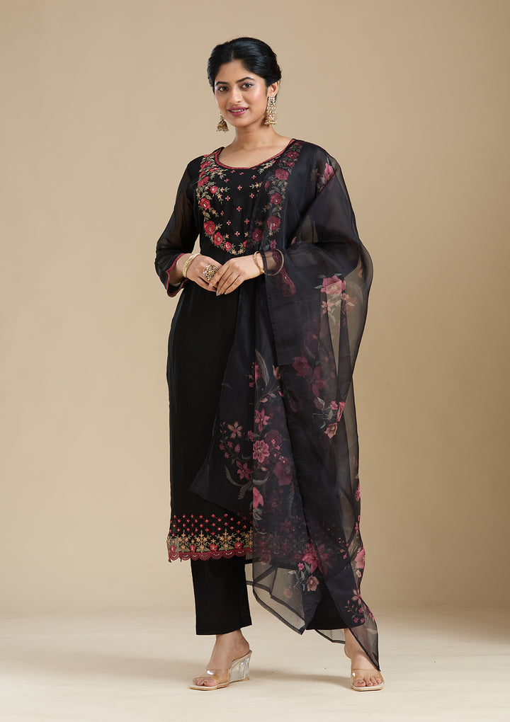 Black Threadwork Organza Readymade Salwar Suit