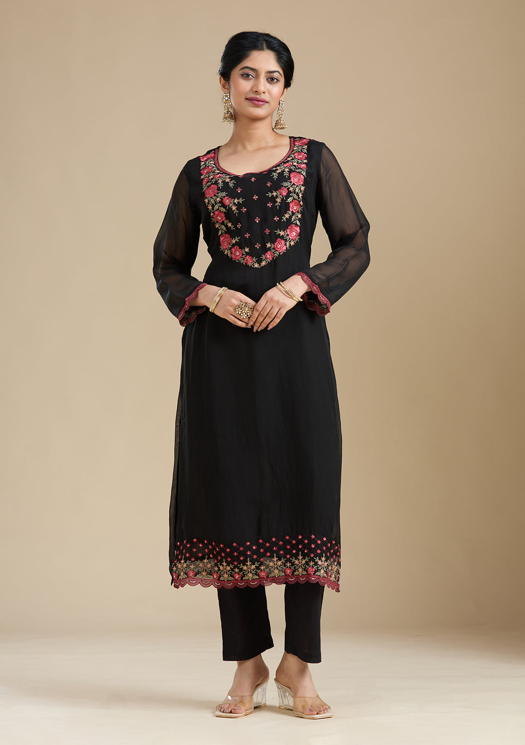 Black Threadwork Organza Readymade Salwar Suit
