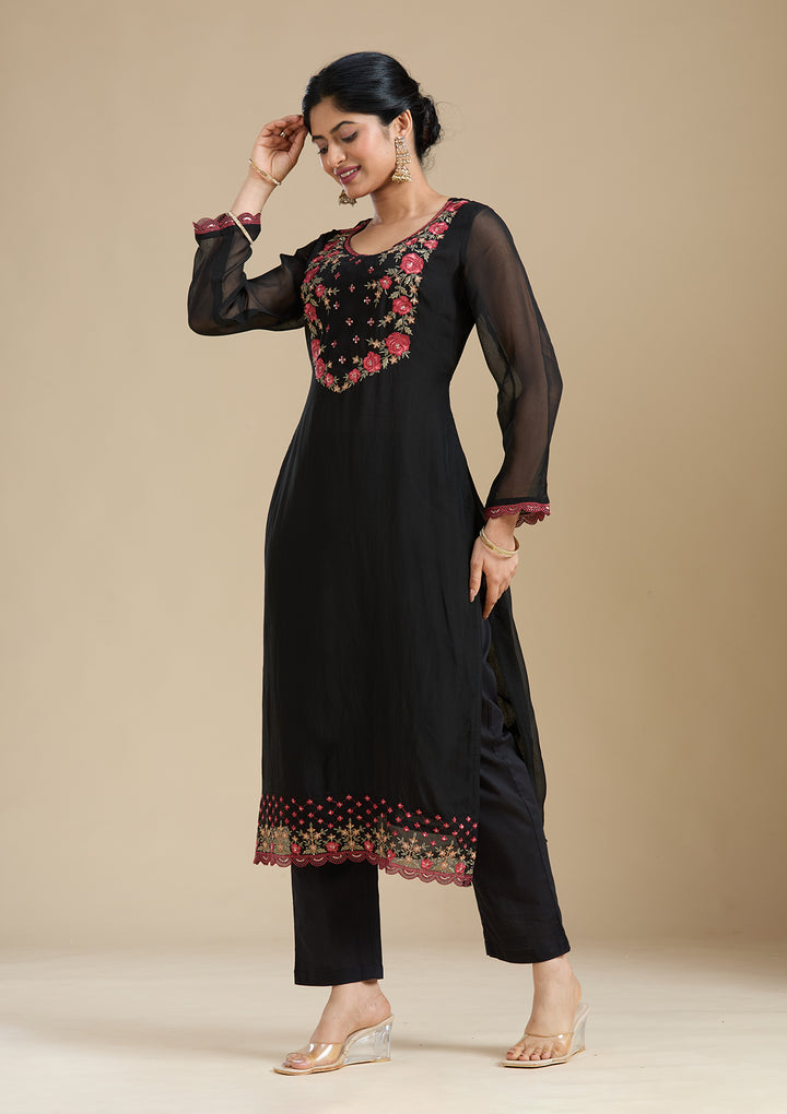 Black Threadwork Organza Readymade Salwar Suit