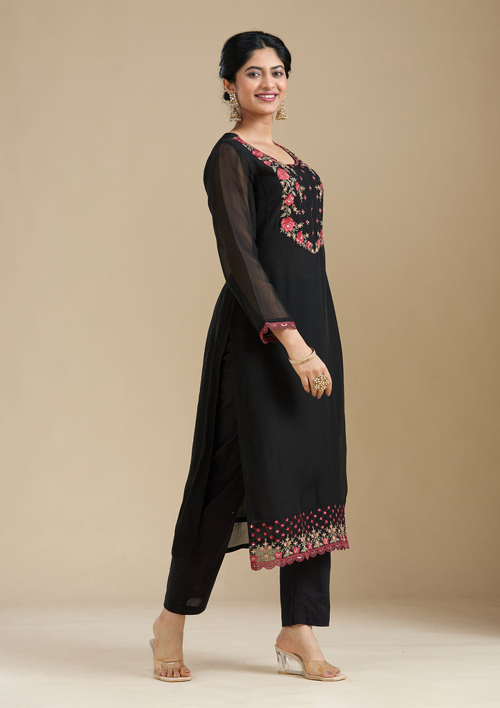 Black Threadwork Organza Readymade Salwar Suit