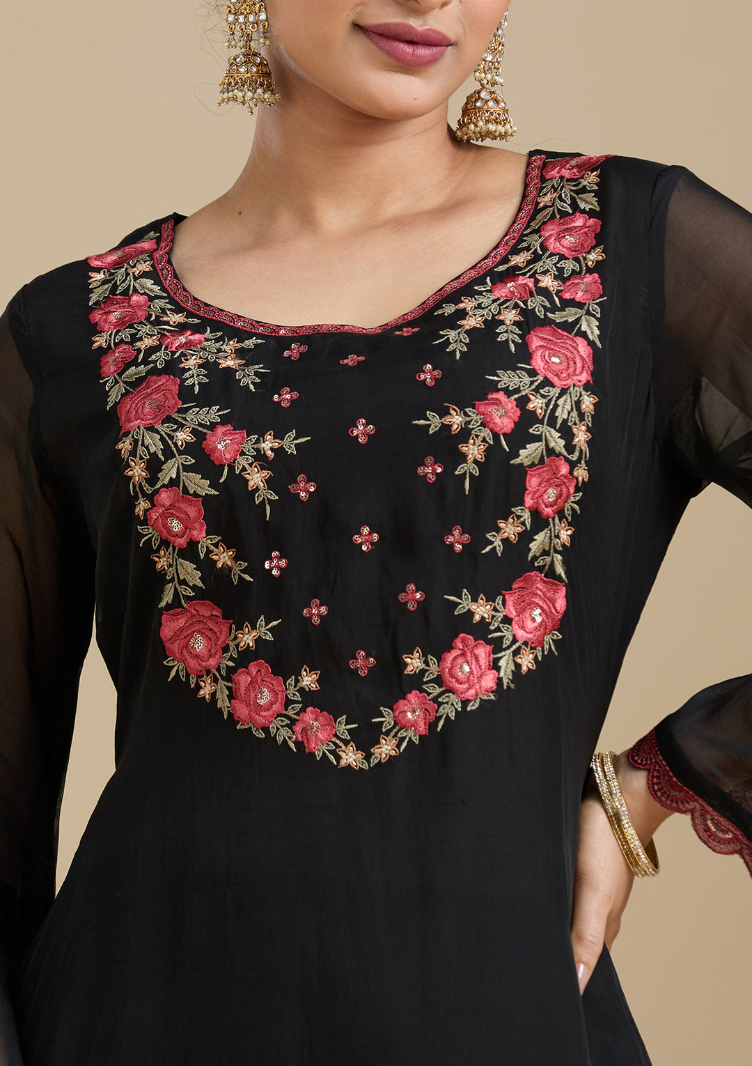 Black Threadwork Organza Readymade Salwar Suit