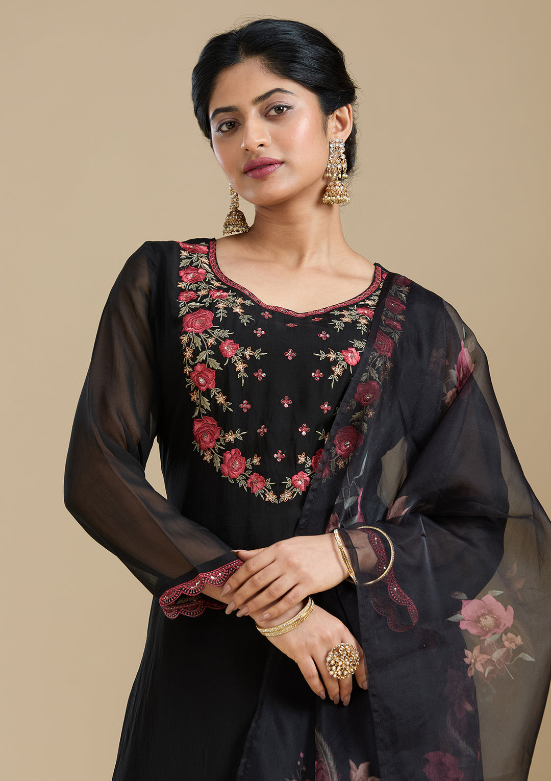 Black Threadwork Organza Readymade Salwar Suit