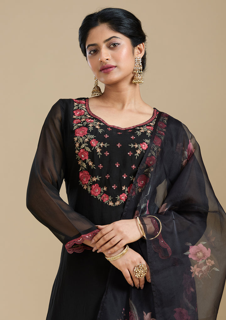 Black Threadwork Organza Readymade Salwar Suit