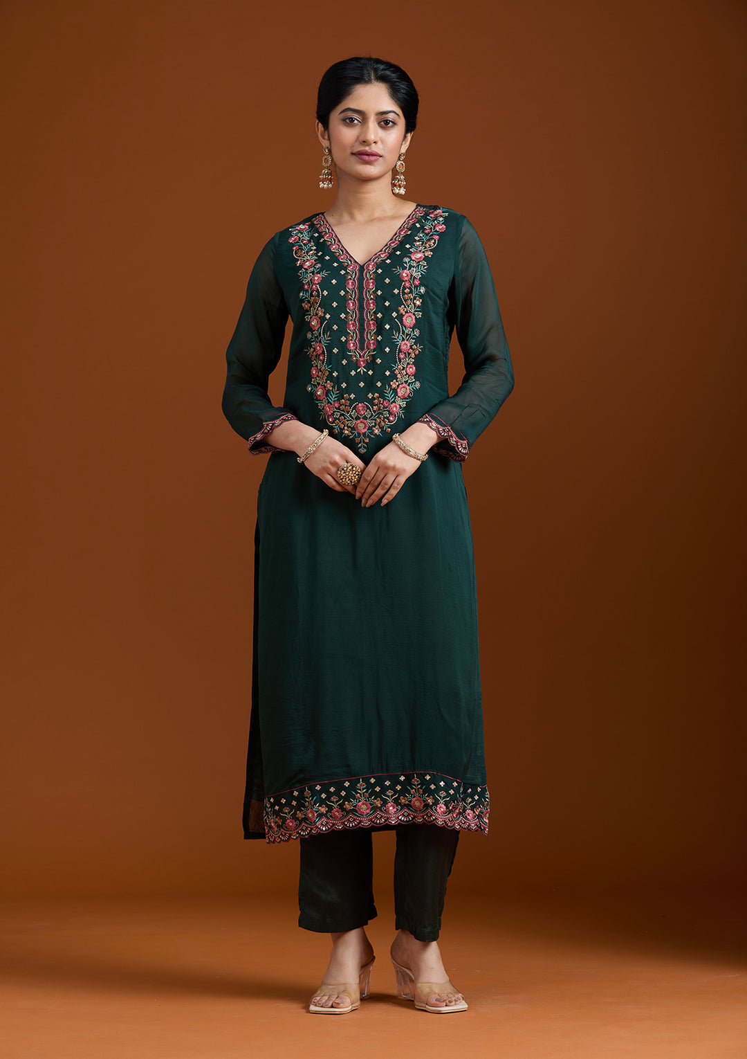 Bottle Green Threadwork Organza Readymade Salwar Suit