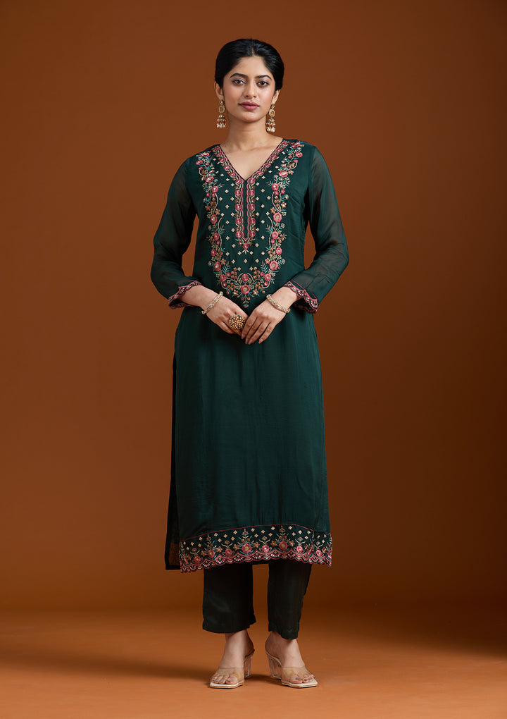 Bottle Green Threadwork Organza Readymade Salwar Suit