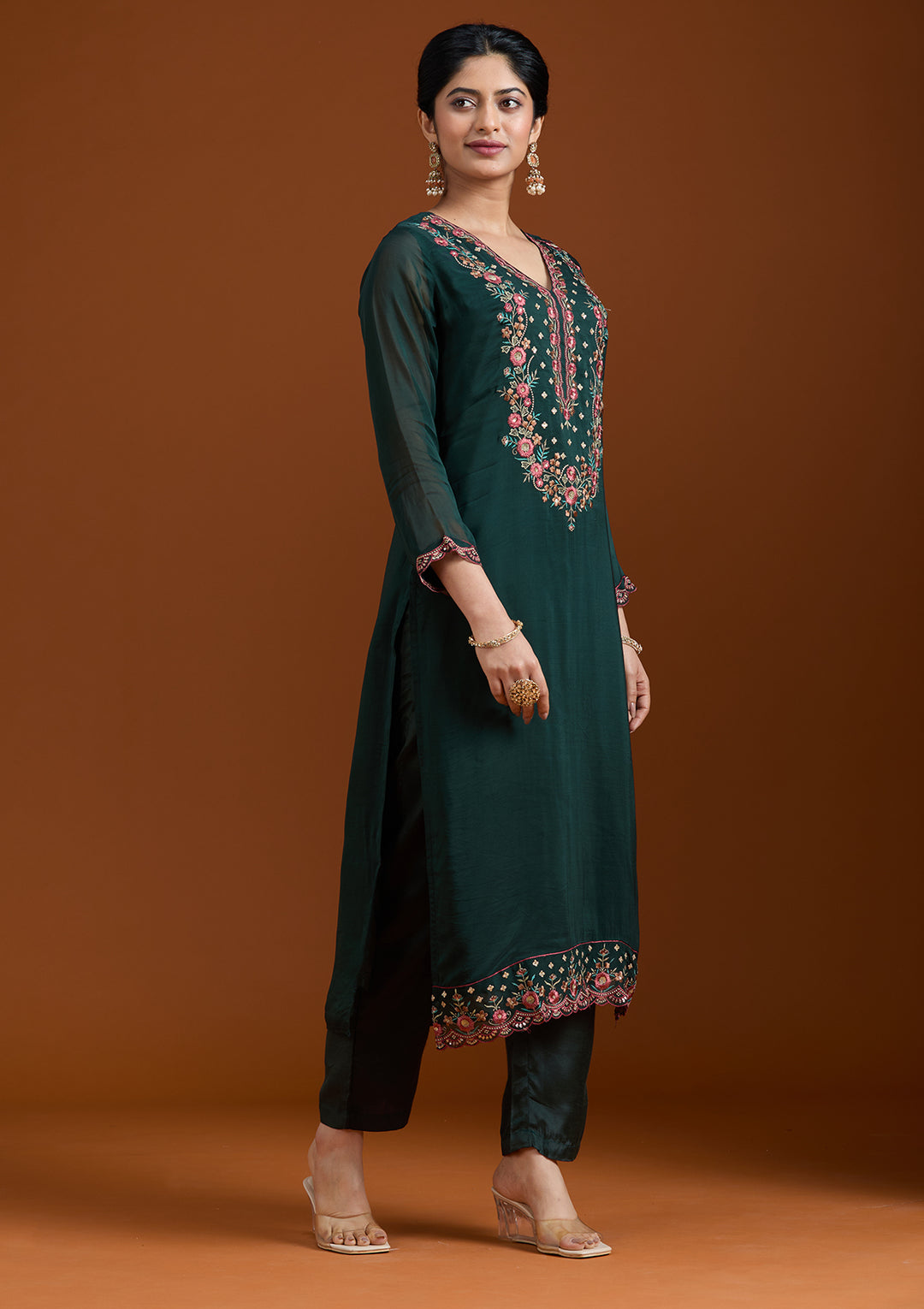 Bottle Green Threadwork Organza Readymade Salwar Suit