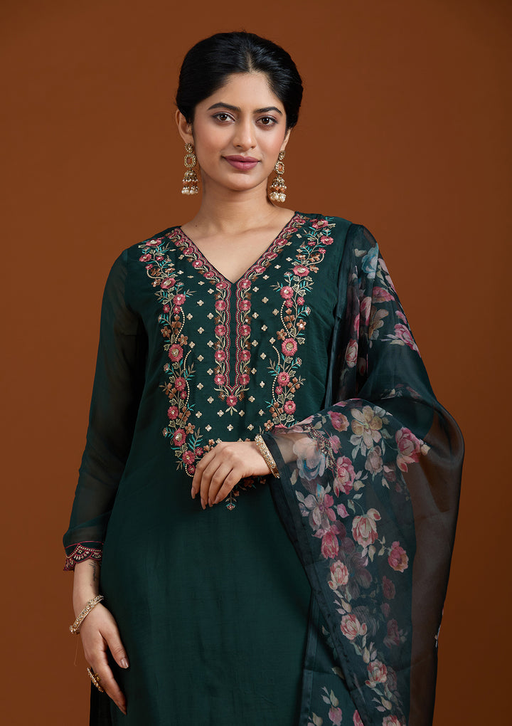 Bottle Green Threadwork Organza Readymade Salwar Suit