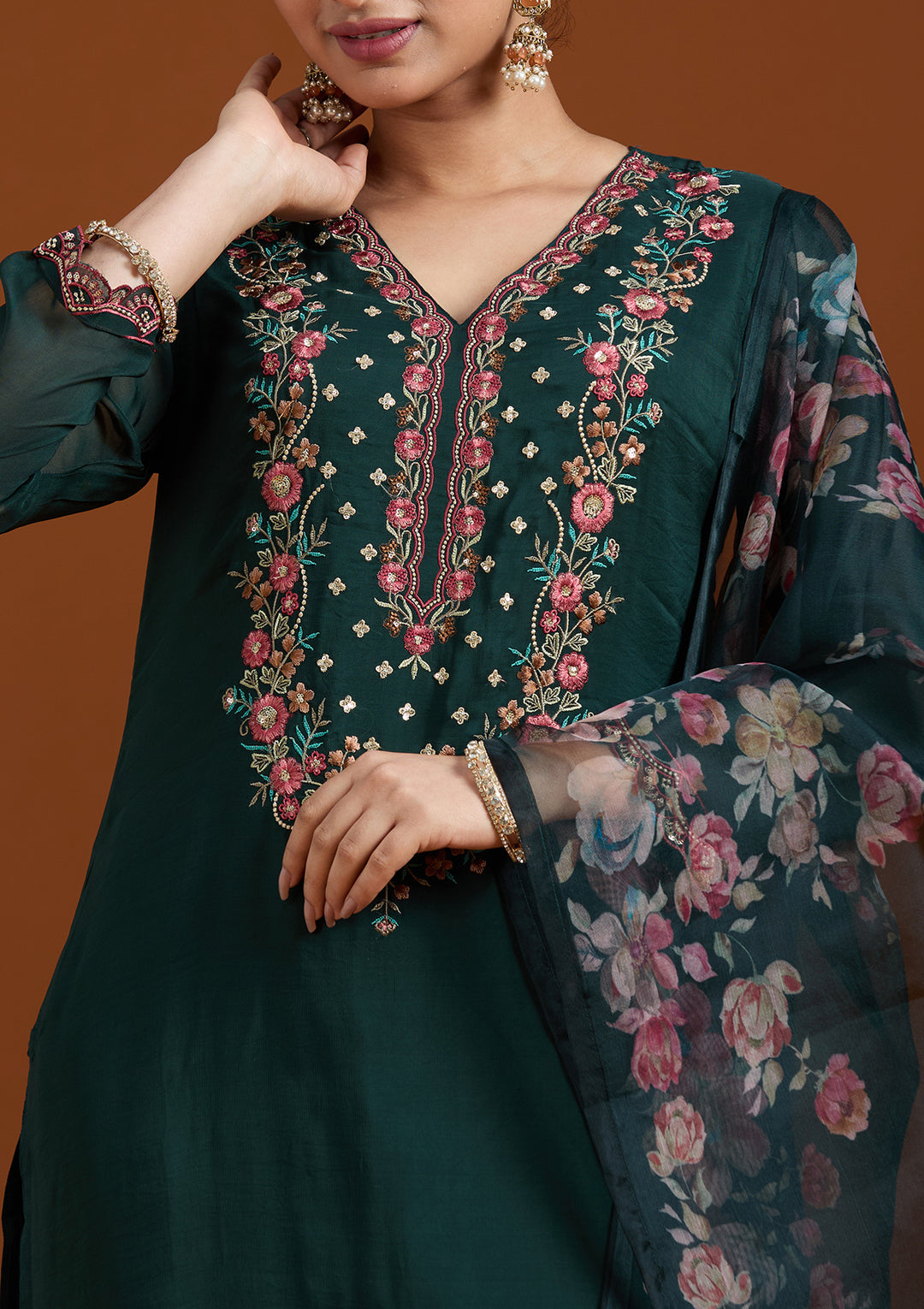 Bottle Green Threadwork Organza Readymade Salwar Suit