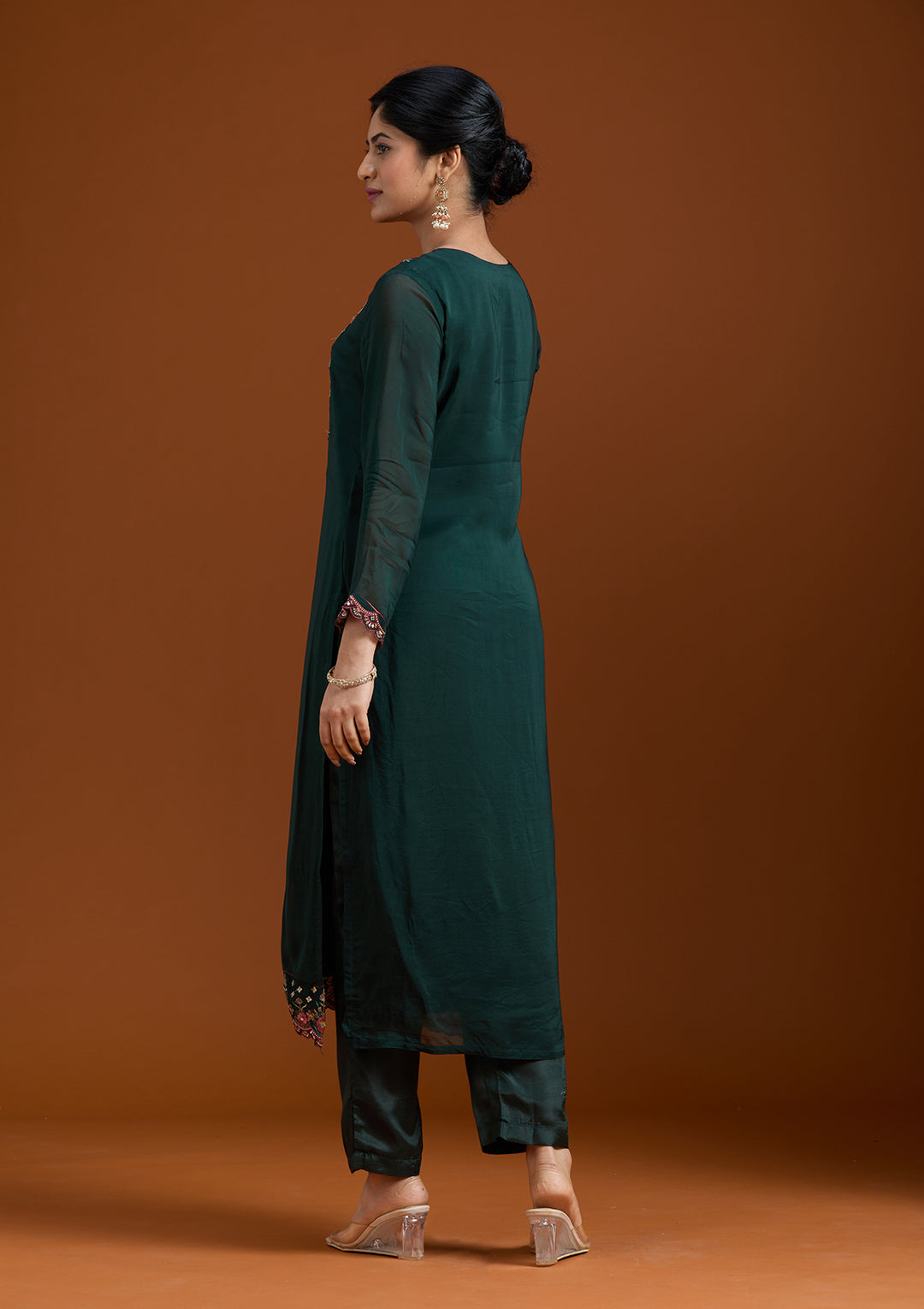 Bottle Green Threadwork Organza Readymade Salwar Suit