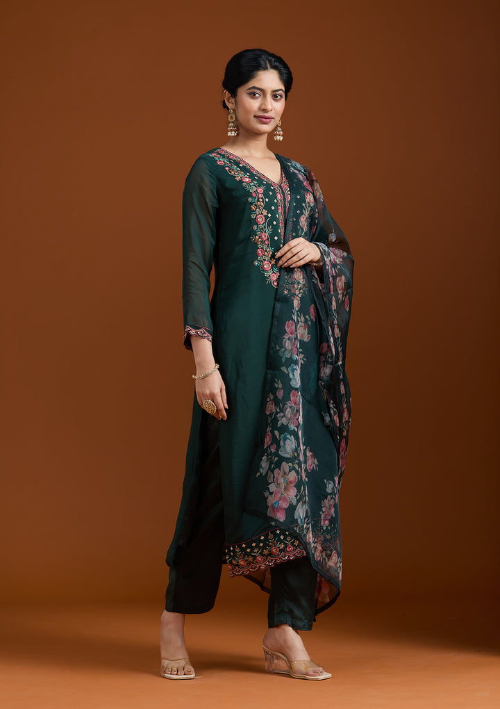 Bottle Green Threadwork Organza Readymade Salwar Suit