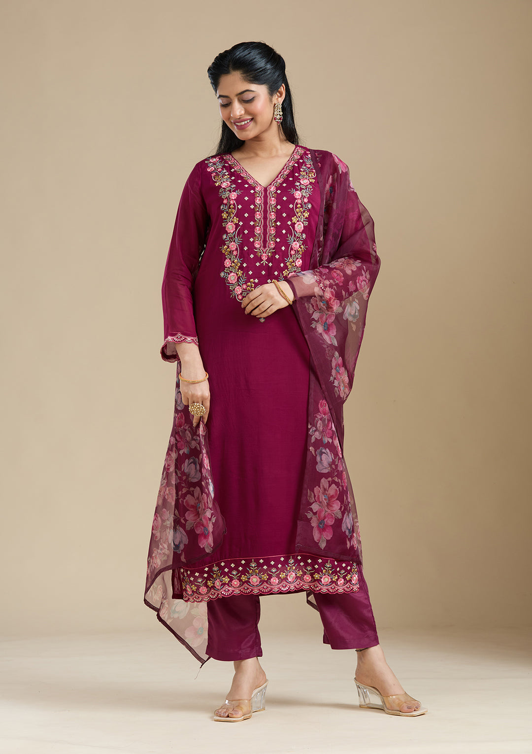 Wine Threadwork Organza Readymade Salwar Suit