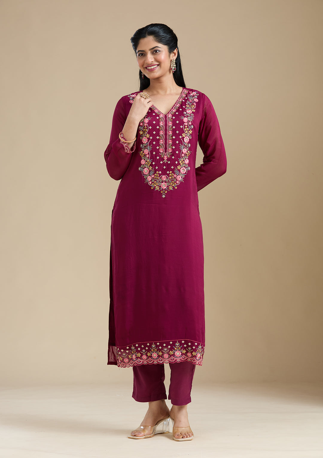 Wine Threadwork Organza Readymade Salwar Suit