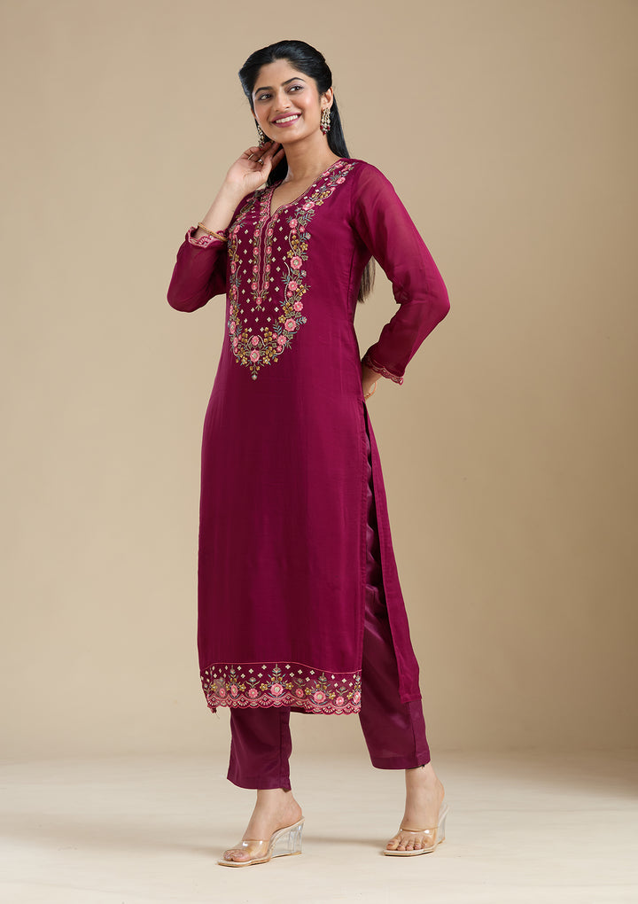 Wine Threadwork Organza Readymade Salwar Suit
