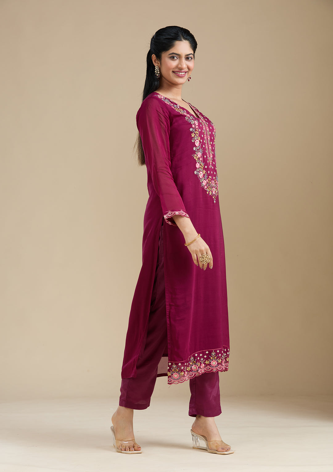 Wine Threadwork Organza Readymade Salwar Suit