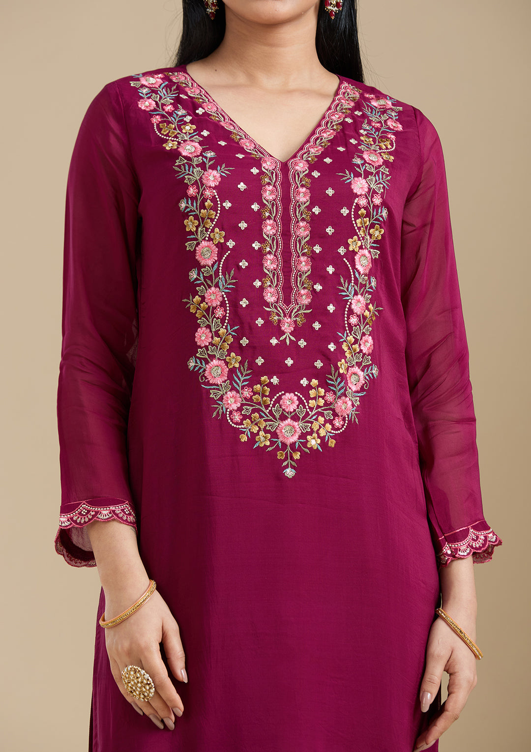 Wine Threadwork Organza Readymade Salwar Suit