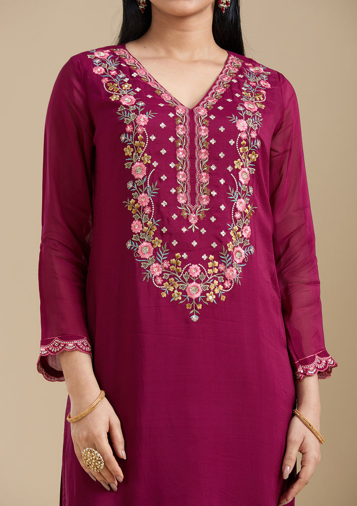 Wine Threadwork Organza Readymade Salwar Suit