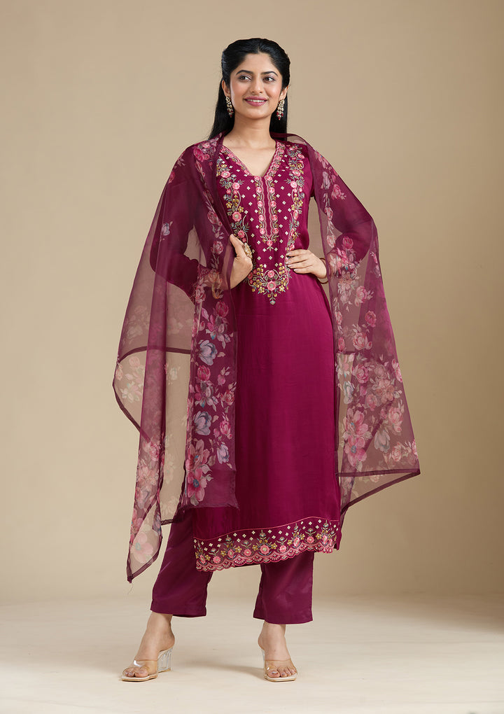 Wine Threadwork Organza Readymade Salwar Suit