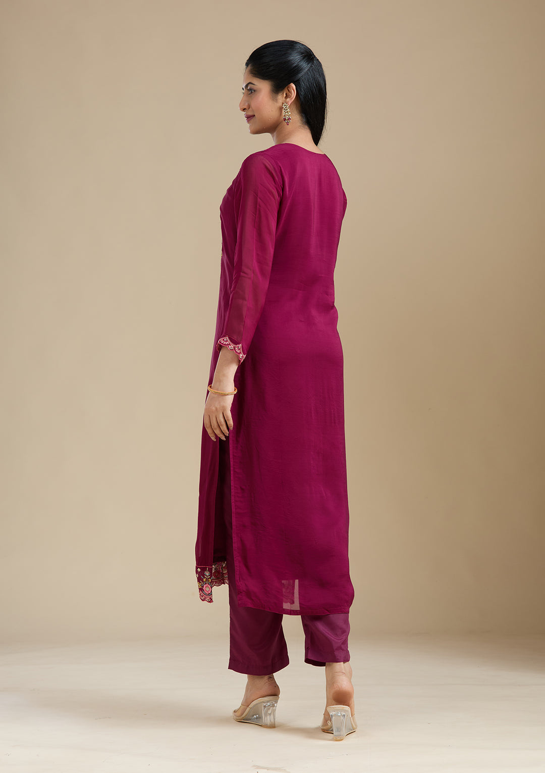 Wine Threadwork Organza Readymade Salwar Suit