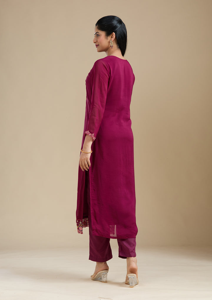 Wine Threadwork Organza Readymade Salwar Suit