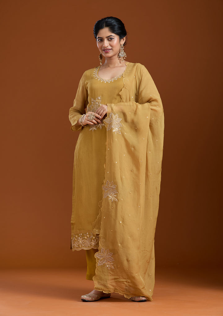 Mustard Yellow Zardozi (Gold) Organza Readymade Salwar Suit