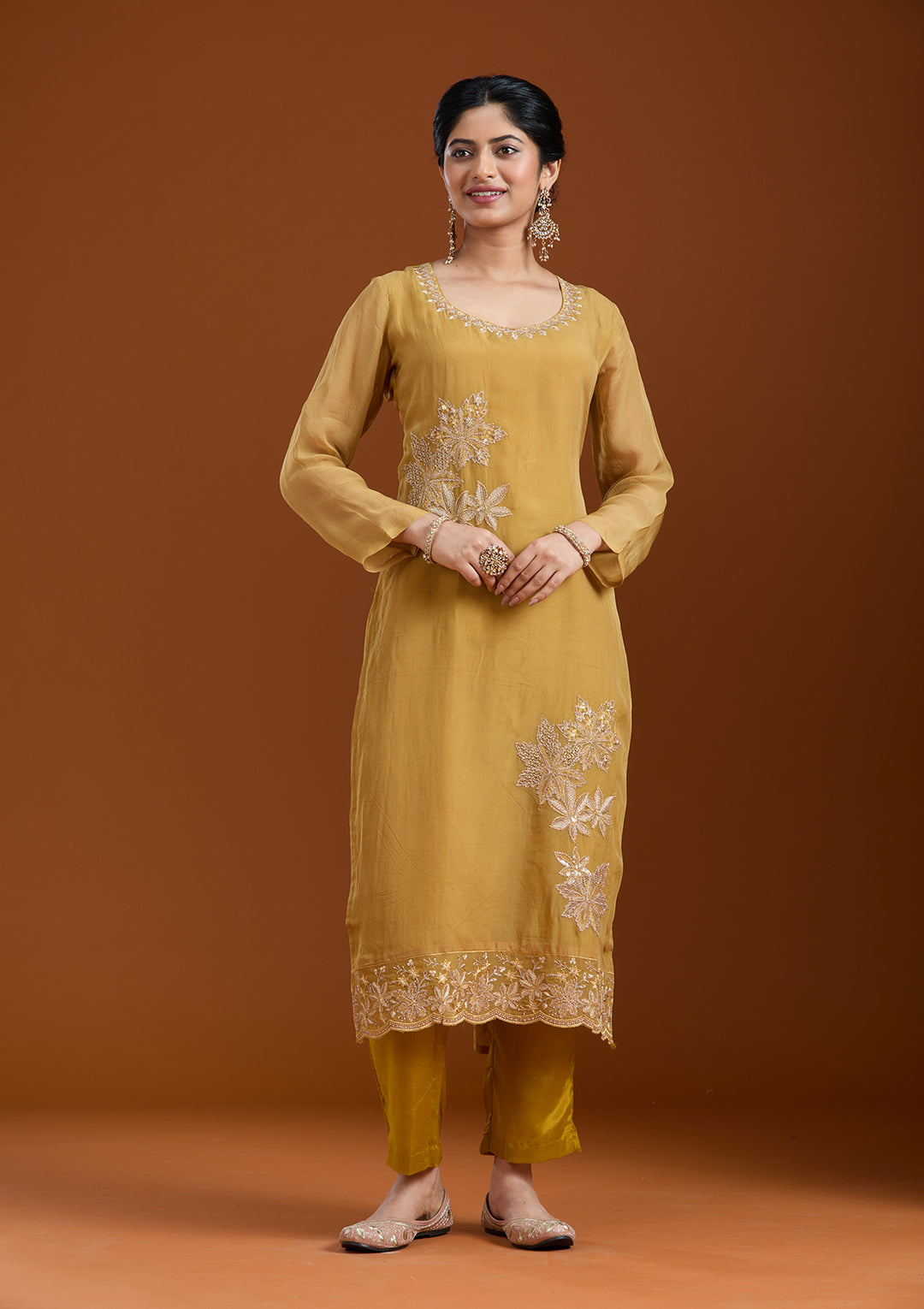 Mustard Yellow Zardozi (Gold) Organza Readymade Salwar Suit