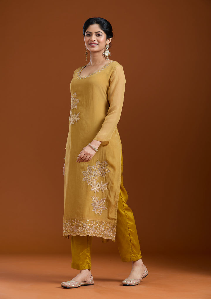 Mustard Yellow Zardozi (Gold) Organza Readymade Salwar Suit