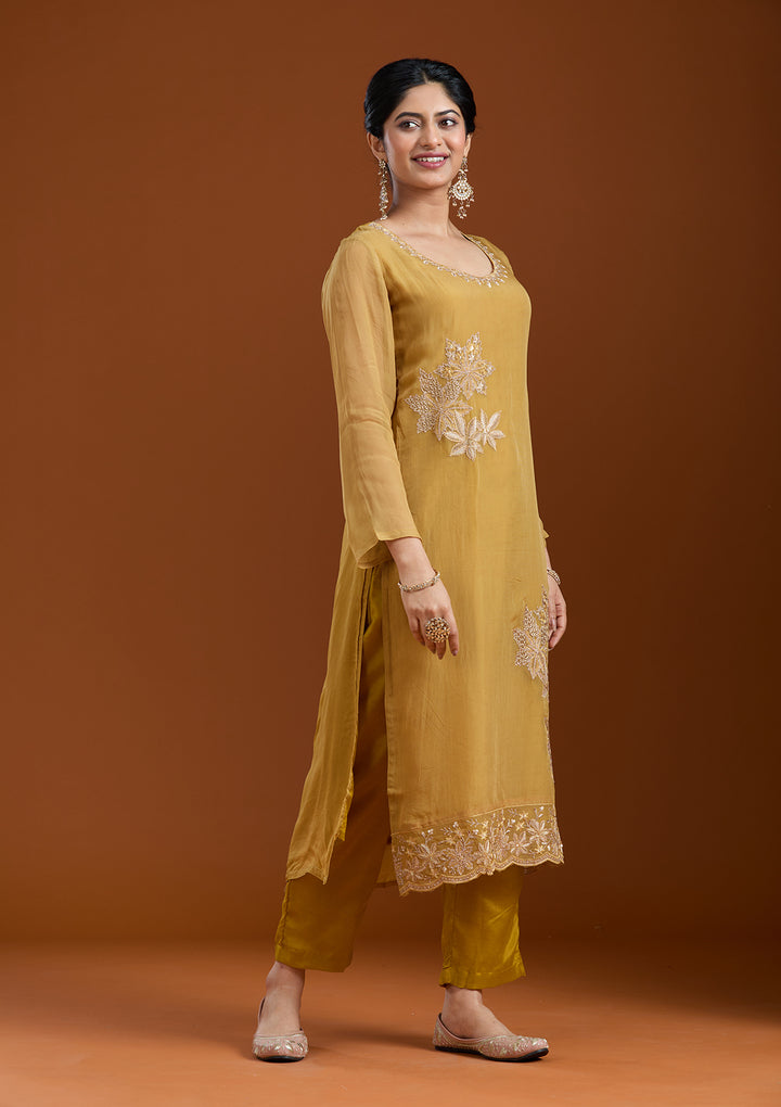 Mustard Yellow Zardozi (Gold) Organza Readymade Salwar Suit