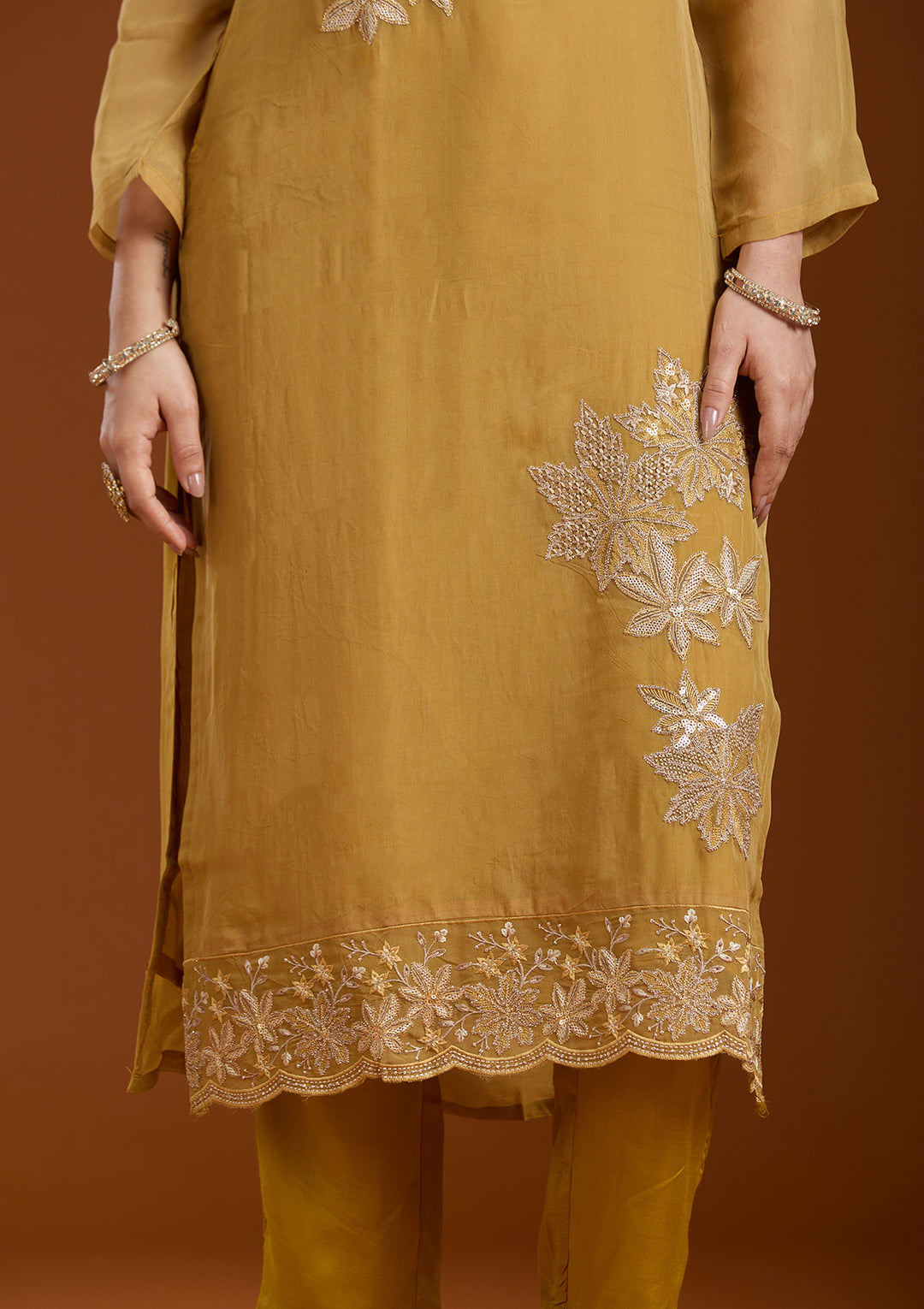 Mustard Yellow Zardozi (Gold) Organza Readymade Salwar Suit