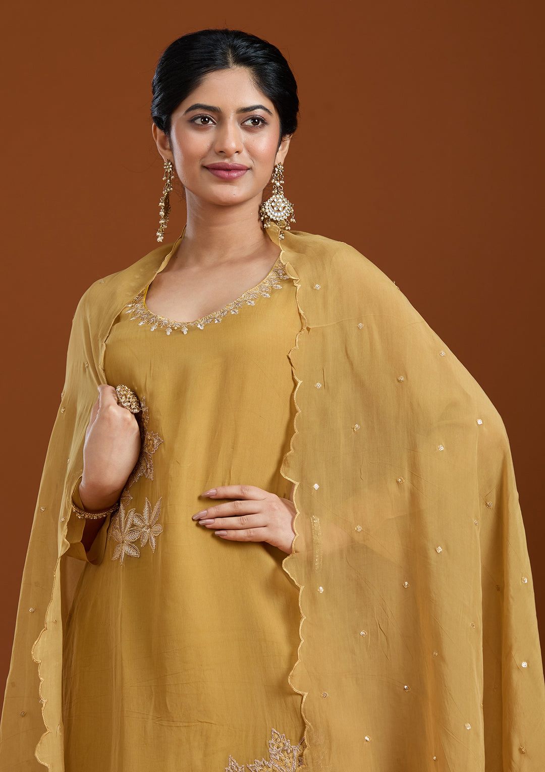 Mustard Yellow Zardozi (Gold) Organza Readymade Salwar Suit