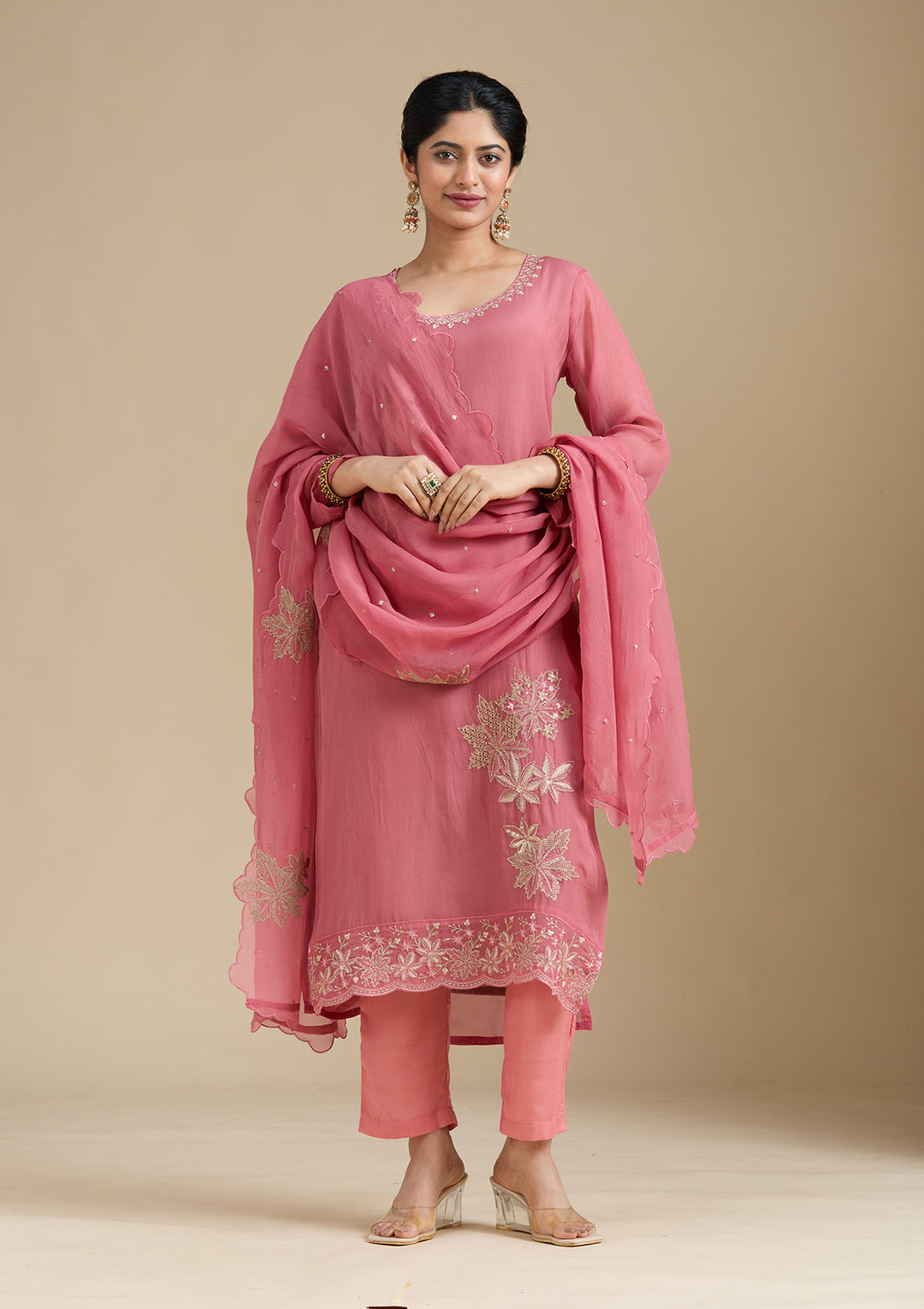 Peach Zardozi (Gold) Organza Readymade Salwar Suit