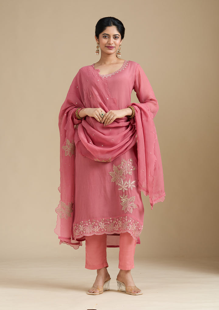 Peach Zardozi (Gold) Organza Readymade Salwar Suit