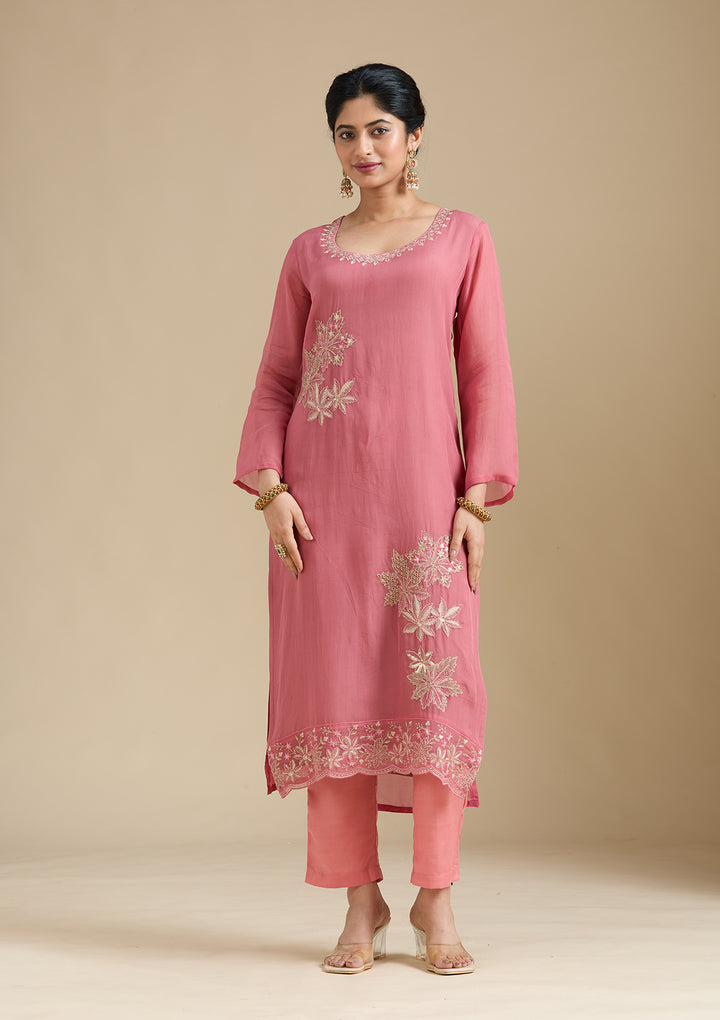 Peach Zardozi (Gold) Organza Readymade Salwar Suit