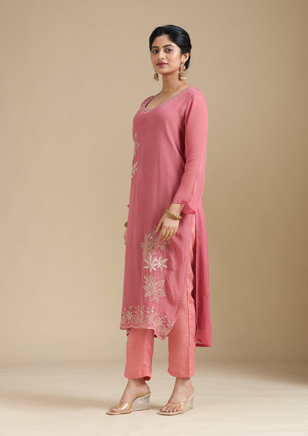 Peach Zardozi (Gold) Organza Readymade Salwar Suit
