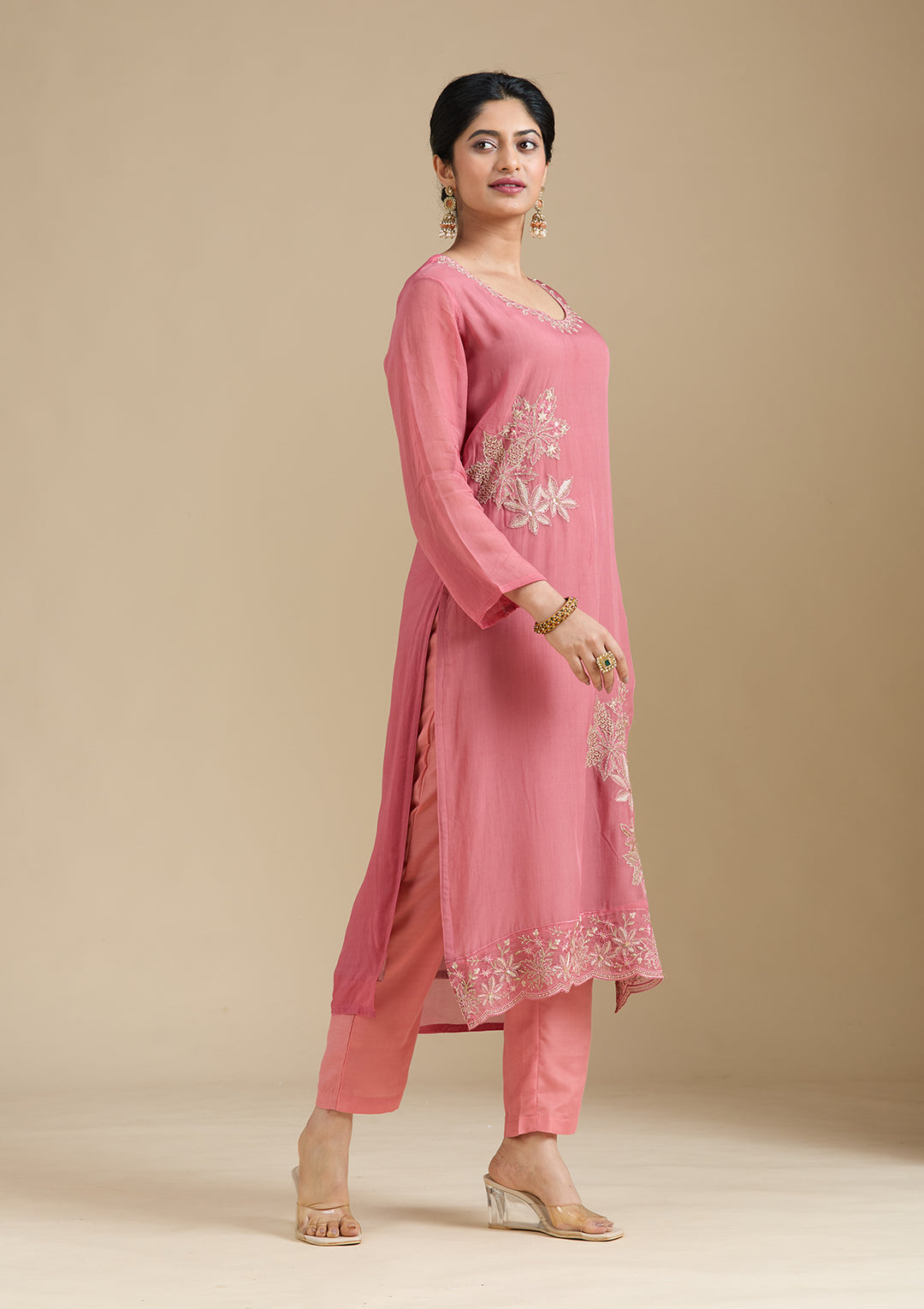 Peach Zardozi (Gold) Organza Readymade Salwar Suit
