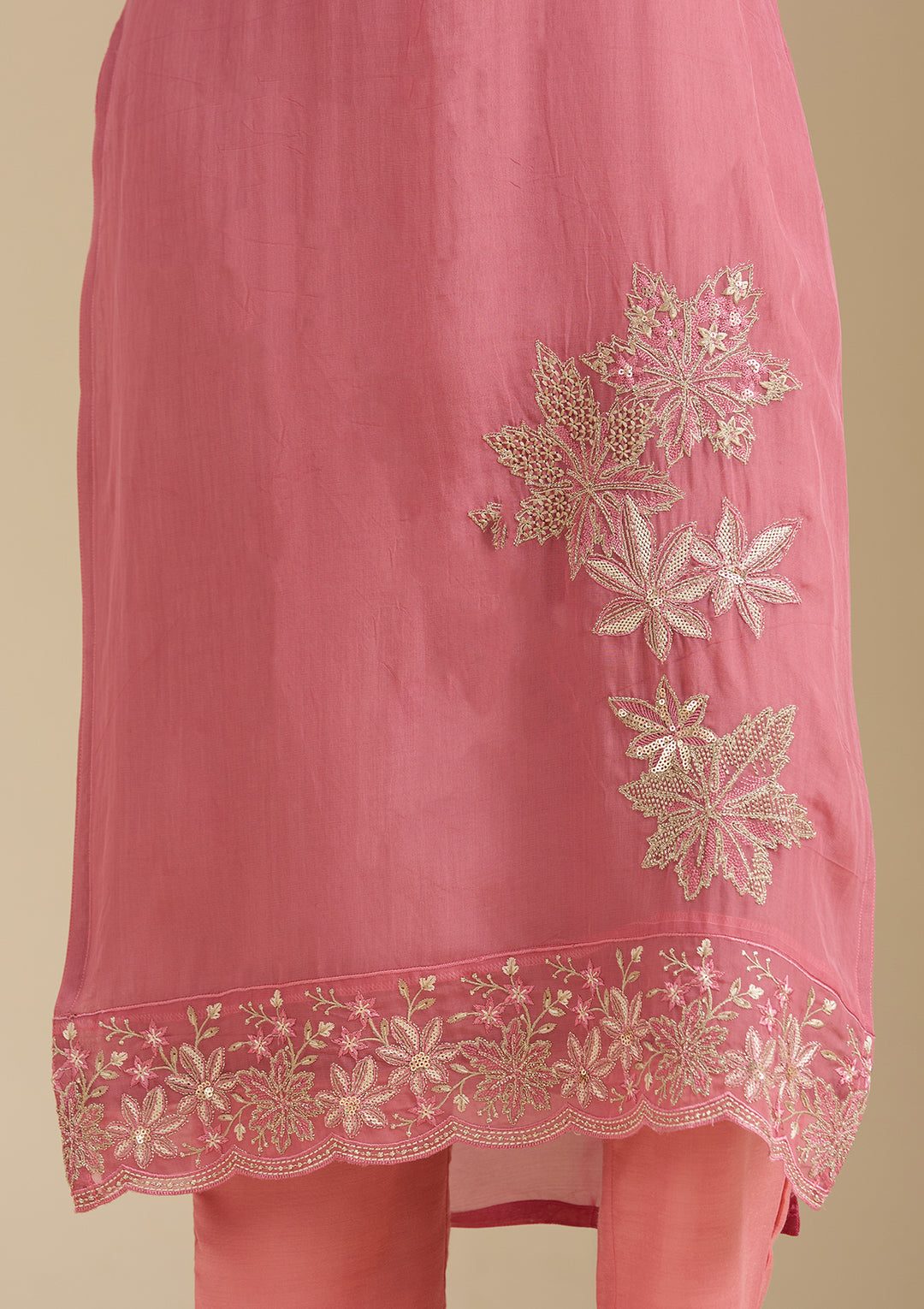 Peach Zardozi (Gold) Organza Readymade Salwar Suit