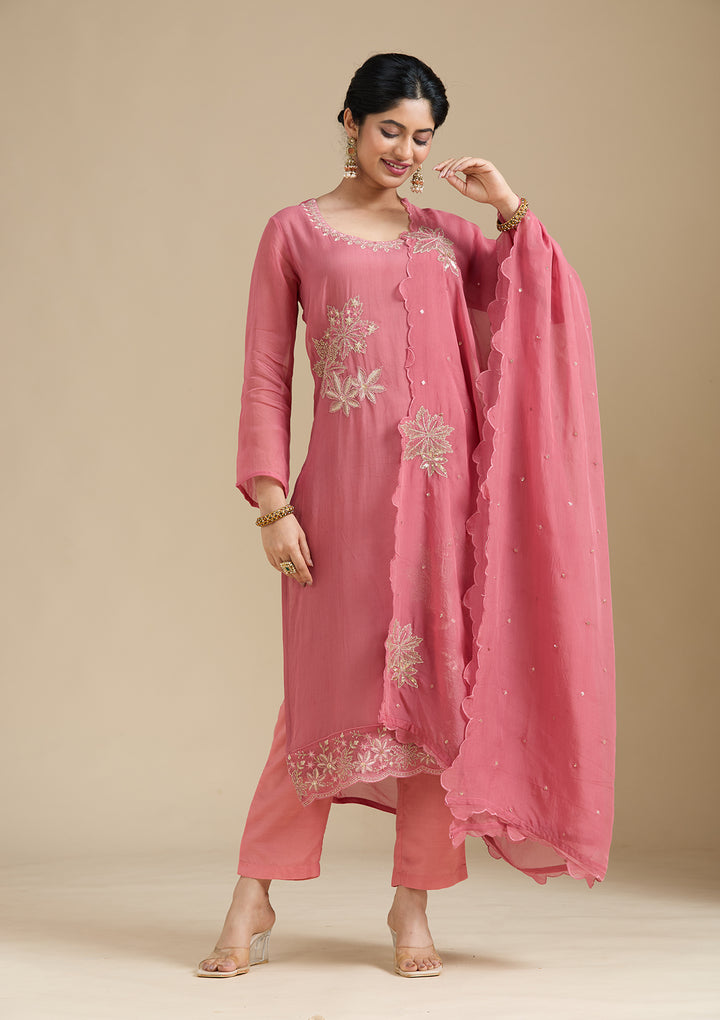 Peach Zardozi (Gold) Organza Readymade Salwar Suit