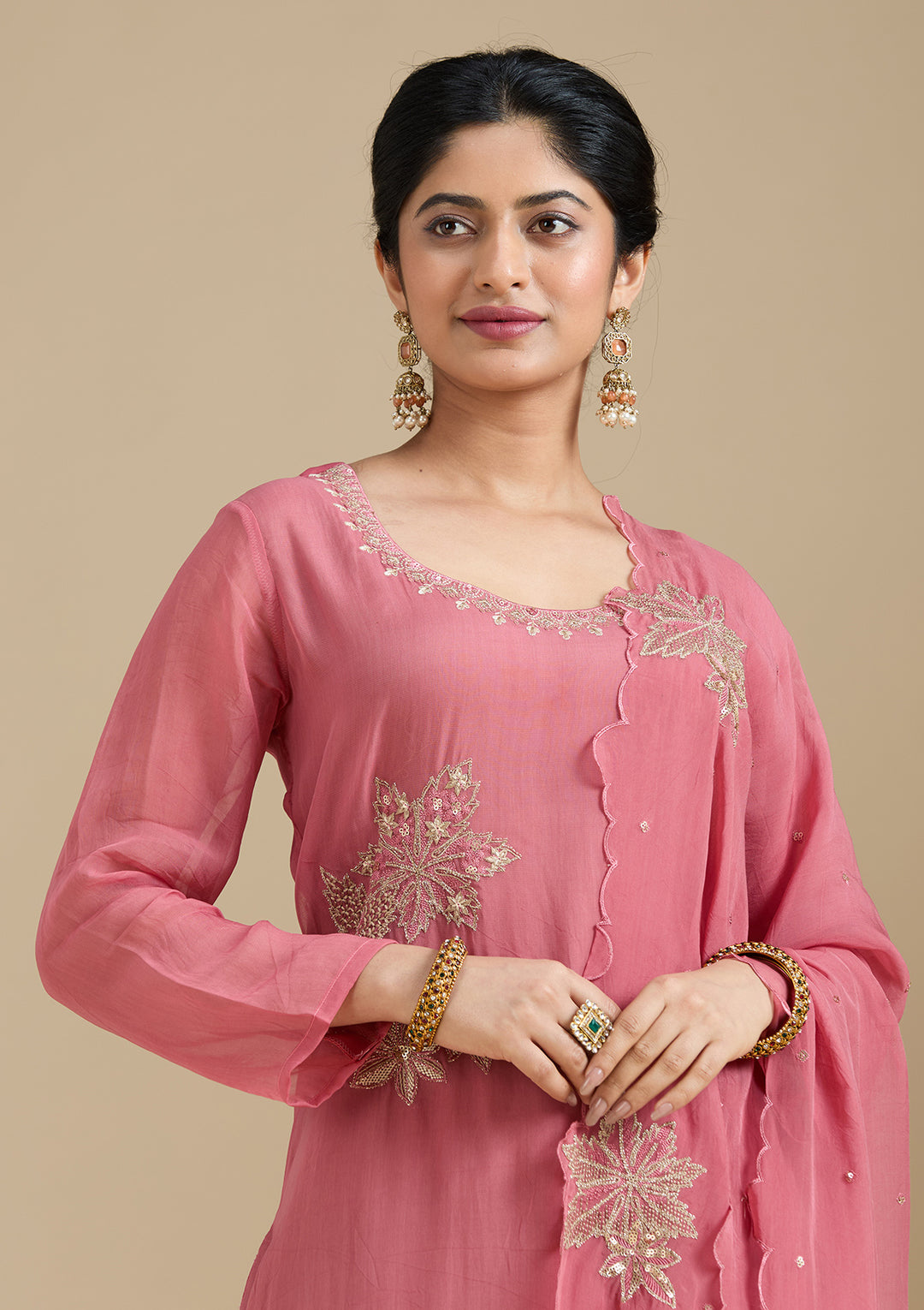 Peach Zardozi (Gold) Organza Readymade Salwar Suit