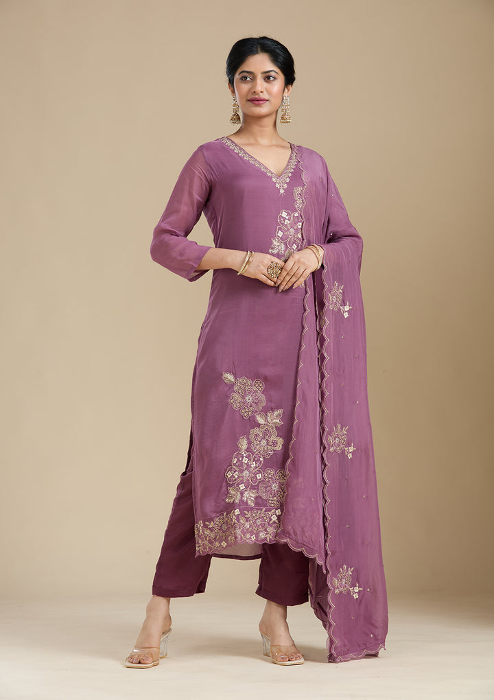 Purple Zardozi (Gold) Organza Readymade Salwar Suit