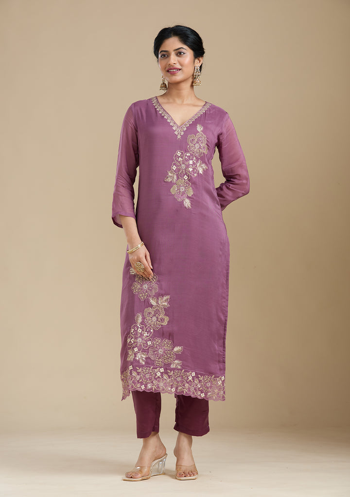 Purple Zardozi (Gold) Organza Readymade Salwar Suit