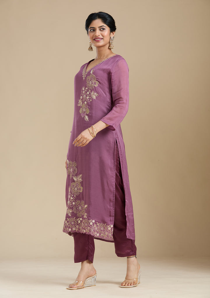 Purple Zardozi (Gold) Organza Readymade Salwar Suit