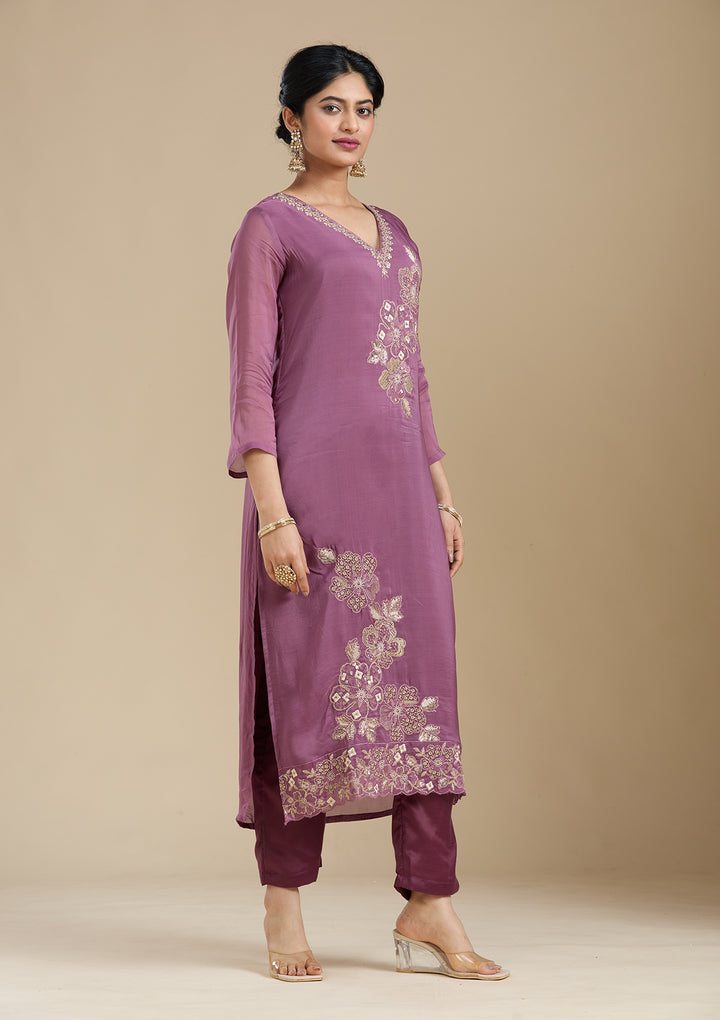 Purple Zardozi (Gold) Organza Readymade Salwar Suit