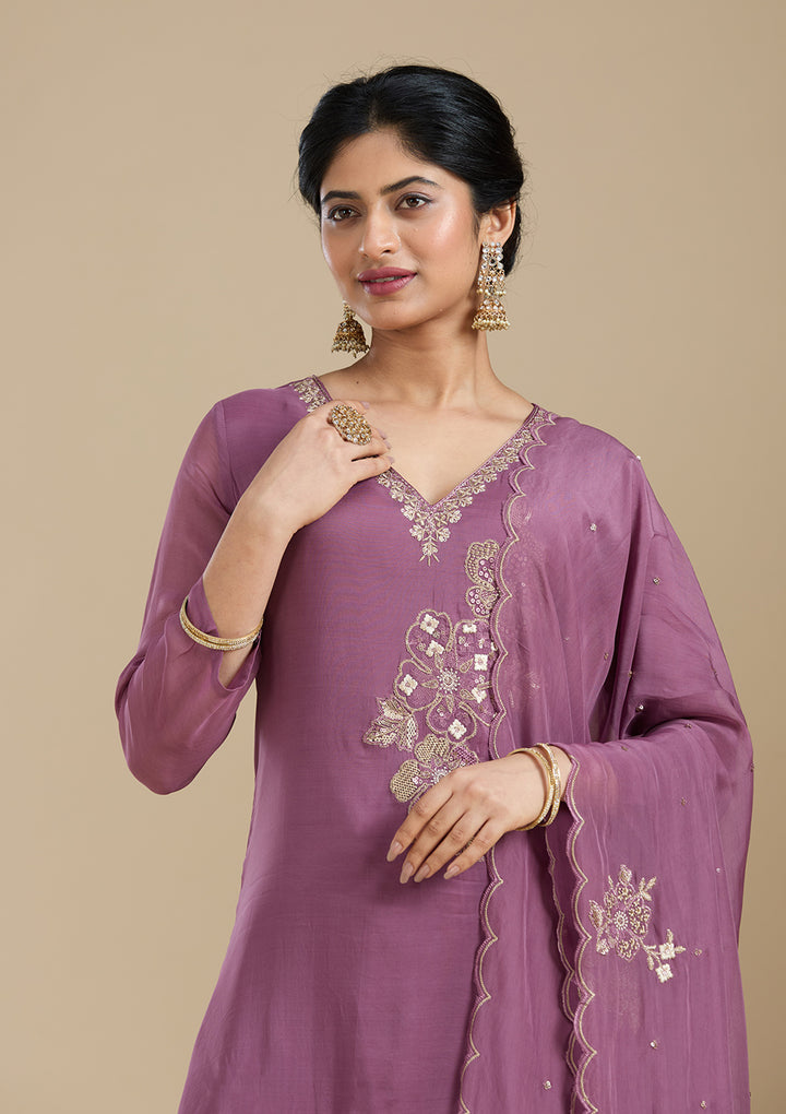 Purple Zardozi (Gold) Organza Readymade Salwar Suit