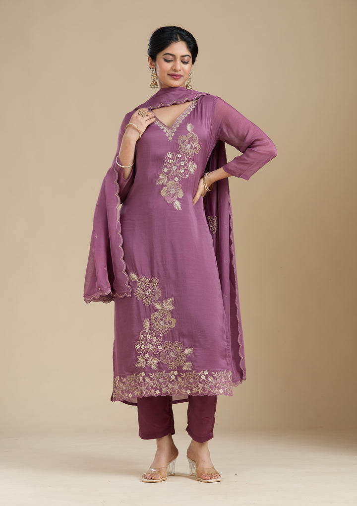 Purple Zardozi (Gold) Organza Readymade Salwar Suit